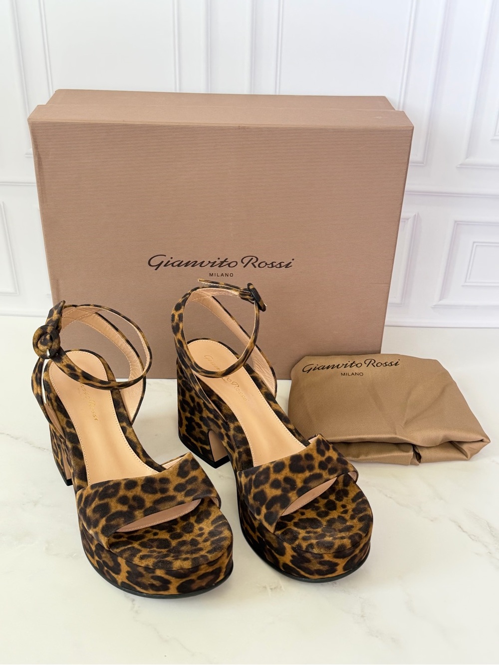 Gianvito Rossi Alma Leopard Print Platform Sandals Ankle Strap Block Heel 36.5